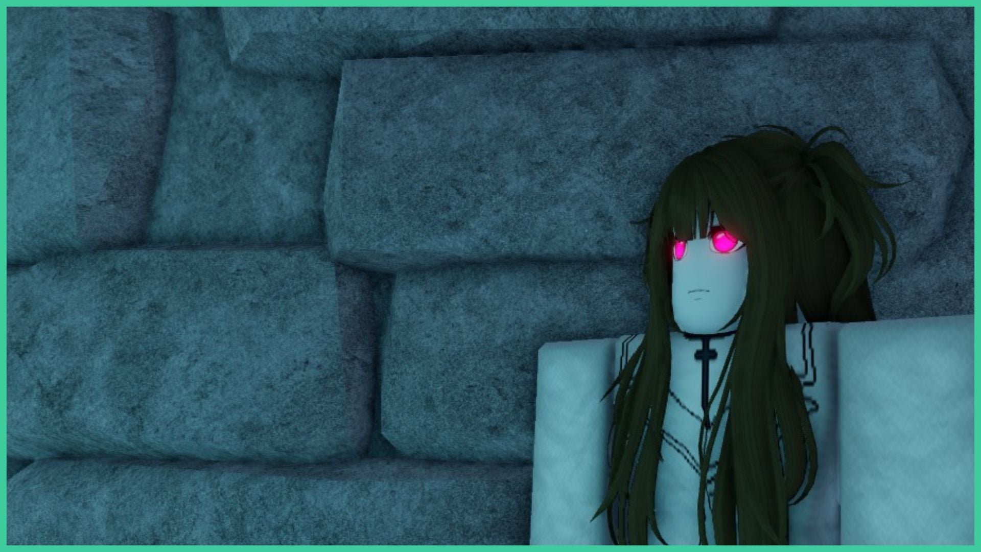 a roblox quincy player for our type soul true letzt stil guide, standing in front of a wall made of large stone bricks, with glowing pink eyes and wearing the quincy uniform