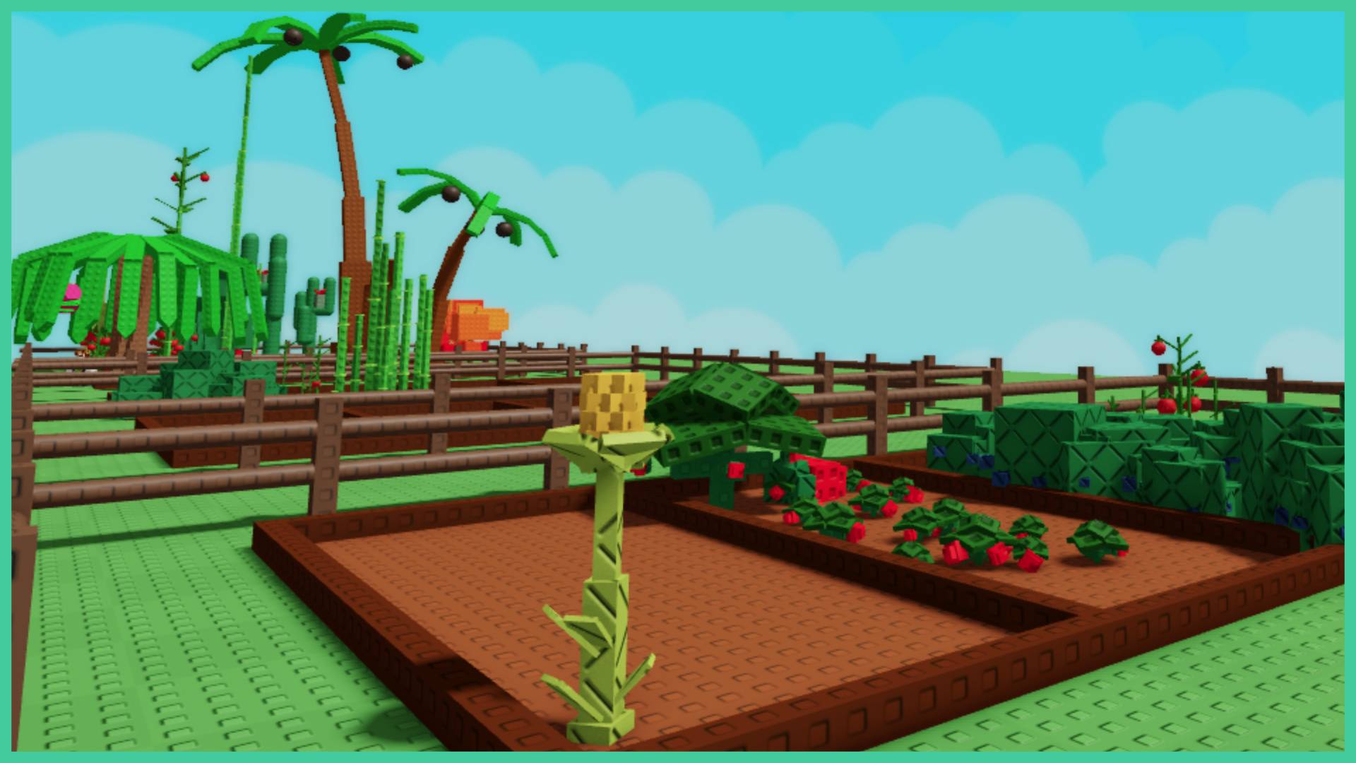 A small garden that is growing some crops from the Grow a Garden seeds, such as corn, strawberries, blueberry bushes, and tomatoes.