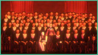 A group photograph of faceless puppets, in Butler Guillotine, with the vast majority of them looking identical and those in the middle dressed differently. A group photograph of faceless puppets, in Butler Guillotine, with the vast majority of them looking identical and those in the middle dressed differently.