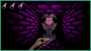 Purple walls made of stone in Circeon, as a monster in the shape of a skull approaches the player as they hold a match box. Purple walls made of stone in Circeon, as a monster in the shape of a skull approaches the player as they hold a match box.