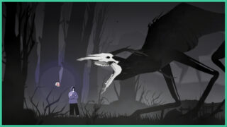 Vale and the floating skull, Echo, as they stand in the forest in Vale's Echo, as a giant creature with long limbs and a skull for a head opens its mouth wide, showing its teeth. Vale and the floating skull, Echo, as they stand in the forest in Vale's Echo, as a giant creature with long limbs and a skull for a head opens its mouth wide, showing its teeth.