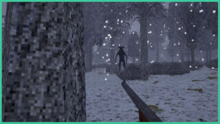 A POV shot as the player holds a shotgun and aims it at a creature standing on its hind legs in the middle of a snow-covered forest in The Not-Deer Stew. A POV shot as the player holds a shotgun and aims it at a creature standing on its hind legs in the middle of a snow-covered forest in The Not-Deer Stew.
