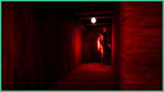 Red lights light up a hallway as a tall creature stands by a doorway with a single lightbulb on the ceiling in EXTR. Red lights light up a hallway as a tall creature stands by a doorway with a single lightbulb on the ceiling in EXTR.