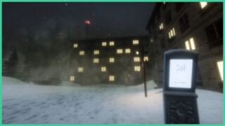 A POV of the player holding a flip phone to the right as they walk through a snow covered town at night in OFFLINE. A POV of the player holding a flip phone to the right as they walk through a snow covered town at night in OFFLINE.
