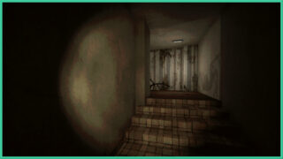 A shadow of a large spider appears on the wall as the player uses a flashlight to light up a set of stairs. You can see a spider's leg at the top of the stairs in Lurking. A shadow of a large spider appears on the wall as the player uses a flashlight to light up a set of stairs. You can see a spider's leg at the top of the stairs in Lurking.