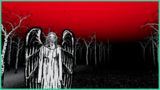 Black and white drawings overlay a black and red background in My Paper Forest. There are drawings of trees with no leaves, and an angel statue weeping black liquid. Black and white drawings overlay a black and red background in My Paper Forest. There are drawings of trees with no leaves, and an angel statue weeping black liquid.