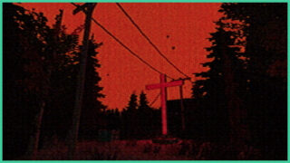 The dark forest in ON THY KNEES, which is covered in a red filter, with only the silhouettes of trees and pylons, with a tall red cross amongst them. The dark forest in ON THY KNEES, which is covered in a red filter, with only the silhouettes of trees and pylons, with a tall red cross amongst them.