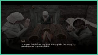 Caleb and his family sit at a table and pray in FATHER. The room is dark, and with bowls full of food on the table, he and his family clasp their hands together in prayer. Caleb and his family sit at a table and pray in FATHER. The room is dark, and with bowls full of food on the table, he and his family clasp their hands together in prayer.