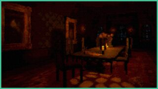 A dining room in Dear Willfrid with blurry visuals. There are candles on the long table and paintings framed in gold on the walls. A dining room in Dear Willfrid with blurry visuals. There are candles on the long table and paintings framed in gold on the walls.