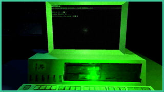 A retro desktop, highlighted in a bright green light. There is a terminal on the screen in Polaris. A retro desktop, highlighted in a bright green light. There is a terminal on the screen in Polaris.