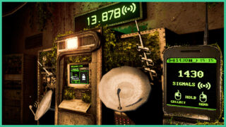 Machinery with satellite dishes attached, overtaken by plants in Signal Garden. There is a flip phone in the foreground with green text and details. Machinery with satellite dishes attached, overtaken by plants in Signal Garden. There is a flip phone in the foreground with green text and details.