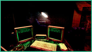 The computer system you use in CORRODE. There are two screens with a keyboard and mouse. On these screens, there is text which reads, "Press any key to initialize". In the distance, you can see the chair that participants sit on during the experiment. The computer system you use in CORRODE. There are two screens with a keyboard and mouse. On these screens, there is text which reads, "Press any key to initialize". In the distance, you can see the chair that participants sit on during the experiment.