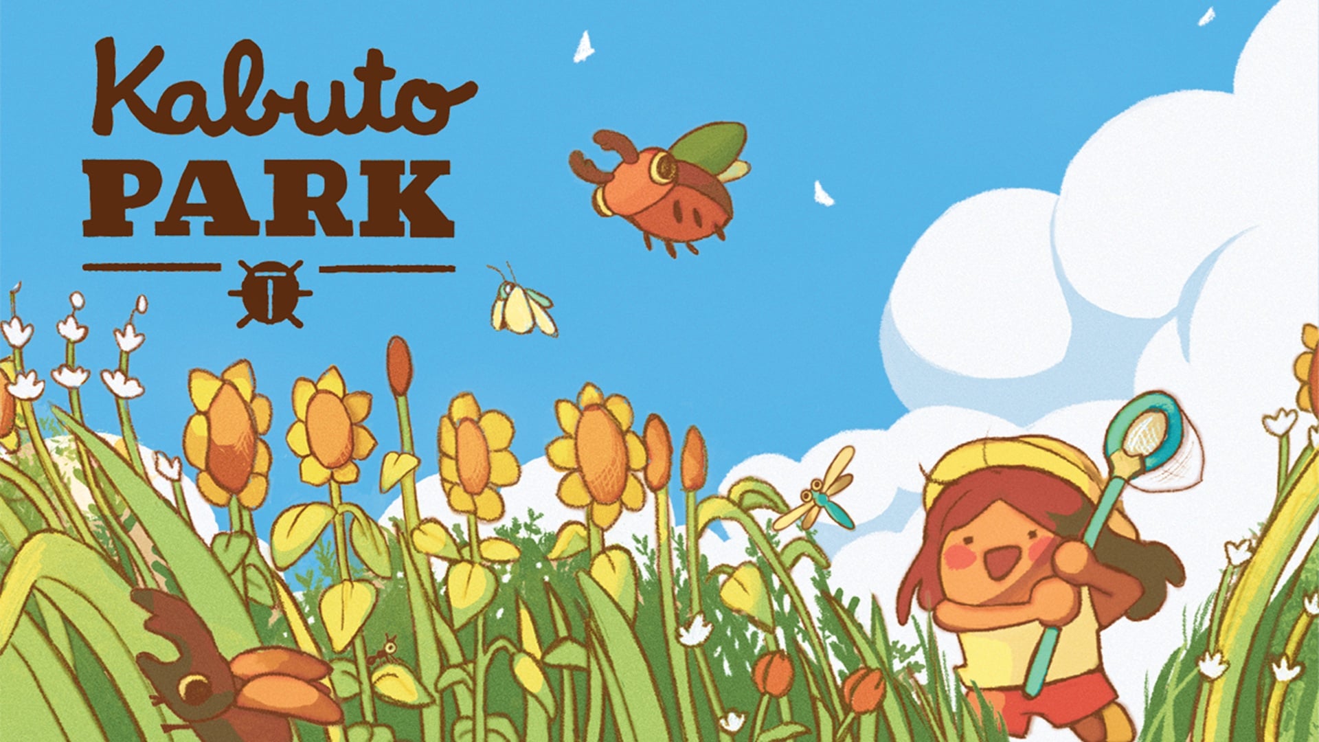 featured image for our news on Kabuto Park. It shows a little girl with an aerial insect net, running after an orange bug in a garden full of flowers.