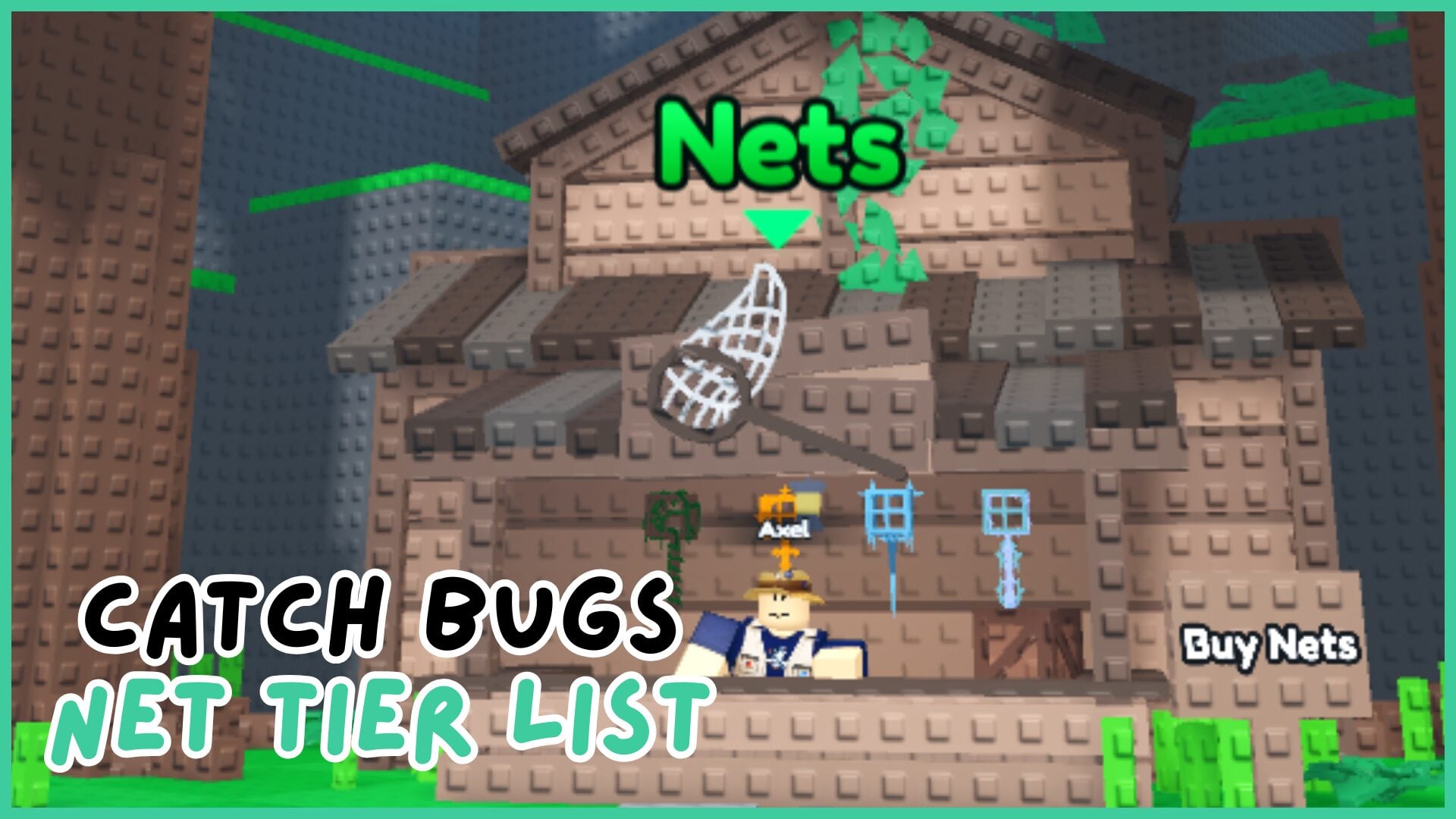 Axel stands behind the Nets stall, with a variety of nets on display, which are ranked in my Catch Bugs Net Tier List.
