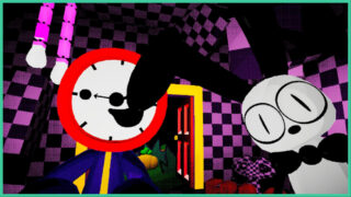 Two of the monsters in Open Gizmy Zimy. One has a clock face, and the other is a creepy rabbit. The walls around them are a checkerboard, with open door that leads into darkness. Two of the monsters in Open Gizmy Zimy. One has a clock face, and the other is a creepy rabbit. The walls around them are a checkerboard, with open door that leads into darkness.