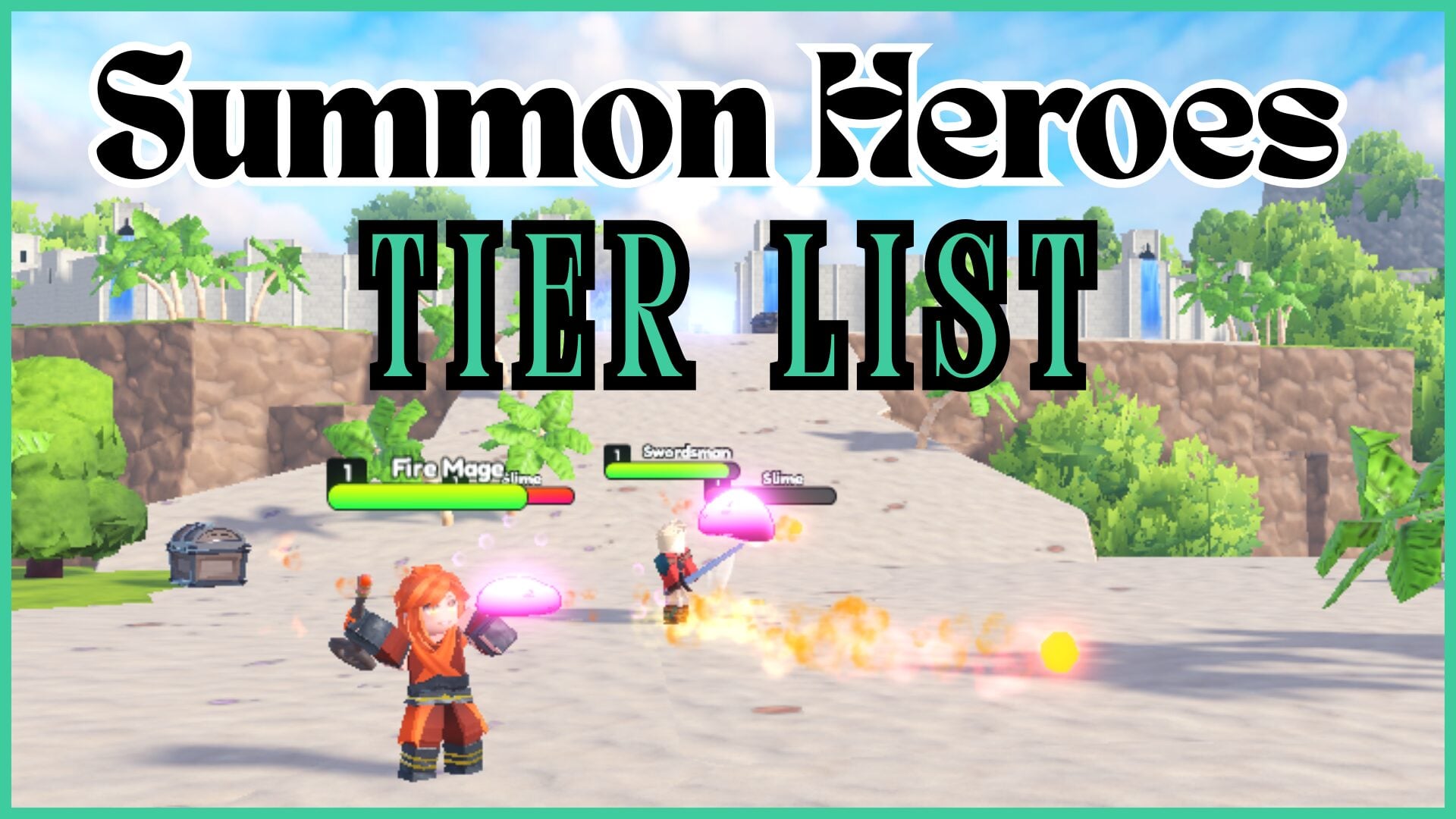 Some of the units who are ranked in my Summon Heroes Tier List battling against Slime monsters on sand.