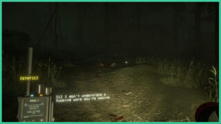 The dark forest in Uncanny Tales: The Watcher as the player holds a static radio, with a flashlight lighting up the dirt path ahead. The dark forest in Uncanny Tales: The Watcher as the player holds a static radio, with a flashlight lighting up the dirt path ahead.
