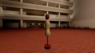 Screenshot from Unseen Liminality, showing a Mannequin entity in the Hotel area. It shows a player's view of an armless shop mannequin with a wooden head, standing by itself in what appears to be a hotel dining area. Screenshot from Unseen Liminality, showing a Mannequin entity in the Hotel area. It shows a player's view of an armless shop mannequin with a wooden head, standing by itself in what appears to be a hotel dining area.