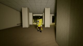 Screenshot from Unseen Liminality, showing a Spongebob Balloon floating in a dark office-like room with yellow-cream walls. Screenshot from Unseen Liminality, showing a Spongebob Balloon floating in a dark office-like room with yellow-cream walls.
