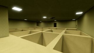 Screenshot from Unseen Liminality's lobby area. It shows a large carpeted room, something like an empty office building. The ceiling is lit with bar lights. The floor drops into several large, square pits, leaving a small grid of floor. There is a door in the other side. Screenshot from Unseen Liminality's lobby area. It shows a large carpeted room, something like an empty office building. The ceiling is lit with bar lights. The floor drops into several large, square pits, leaving a small grid of floor. There is a door in the other side.