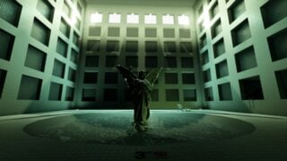 Screenshot from Unseen Liminality, showing the Pool Rooms. A large pool of water stretched out in front of the viewer, with an angel statue in the centre, half in shadow. The angel appears to be pointing upwards. Light streams in from some high-up windows. Screenshot from Unseen Liminality, showing the Pool Rooms. A large pool of water stretched out in front of the viewer, with an angel statue in the centre, half in shadow. The angel appears to be pointing upwards. Light streams in from some high-up windows.
