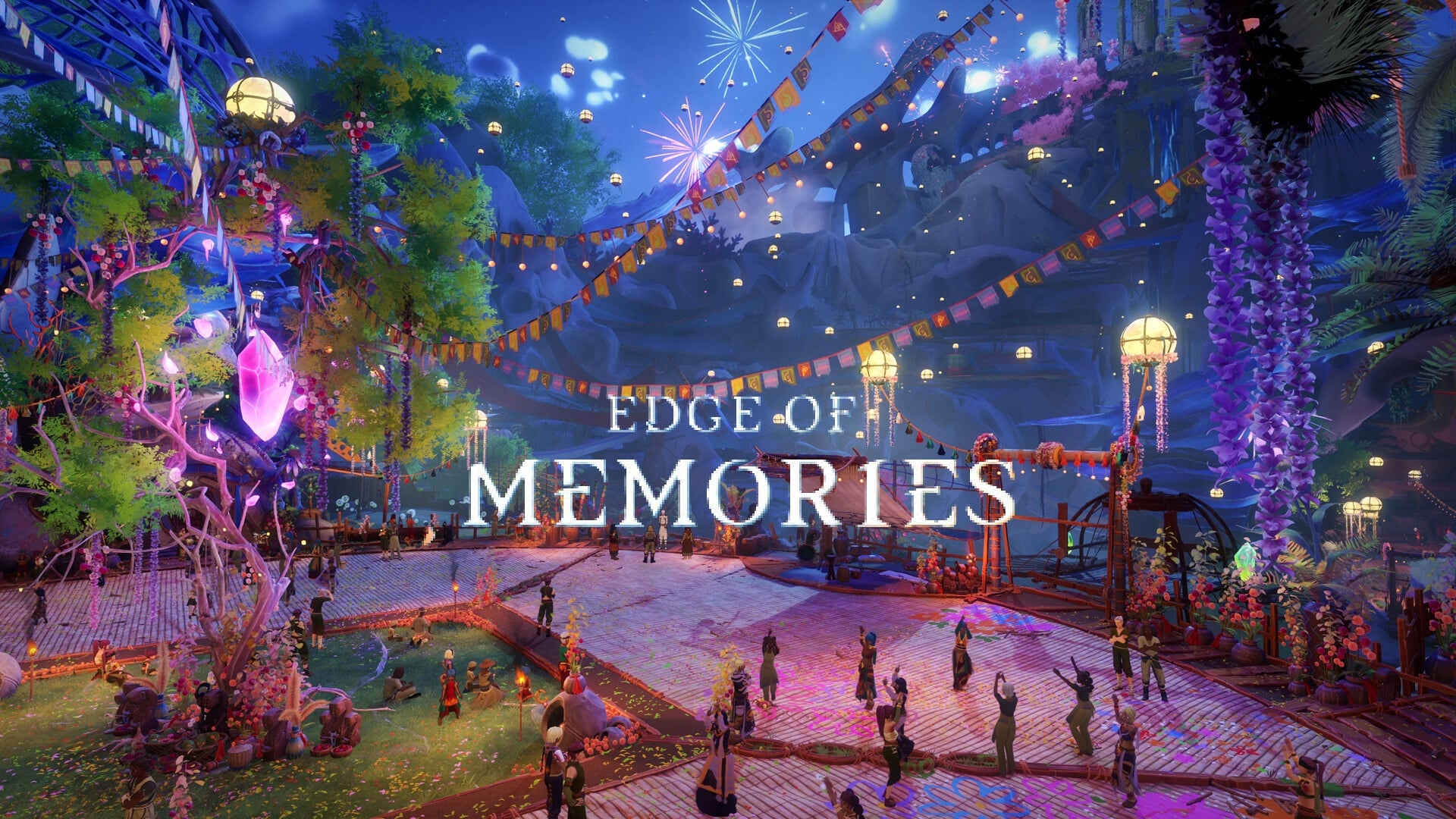 featured image for our news on Edge of Memories demo. It shows a night view of a village where people are celebrating. There are lanterns shining in front of huts and shops.