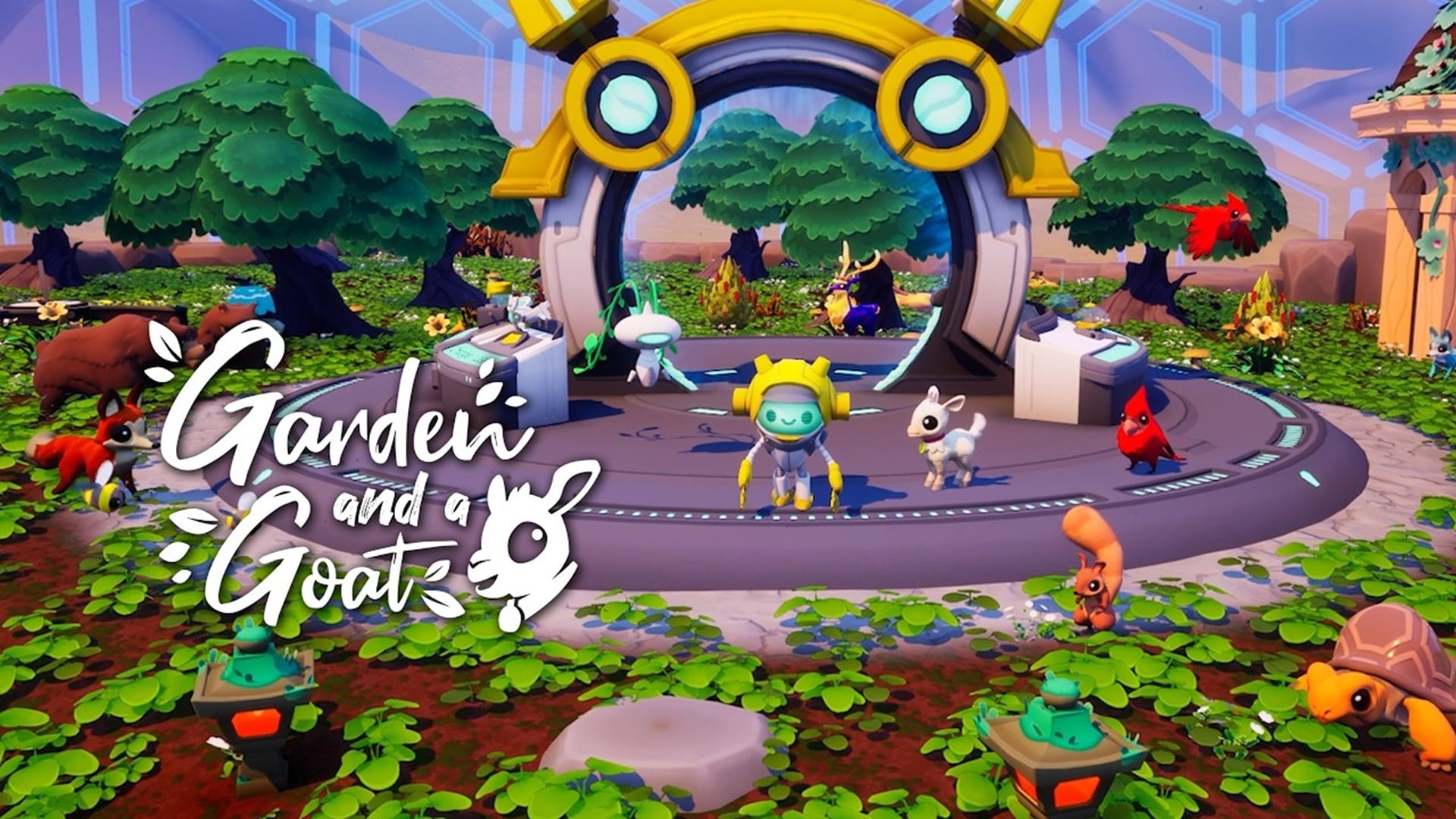 featured image for our news on Garden and a Goat demo. It shows a blue creature and a tiny baby goat in a simulated toyworld.