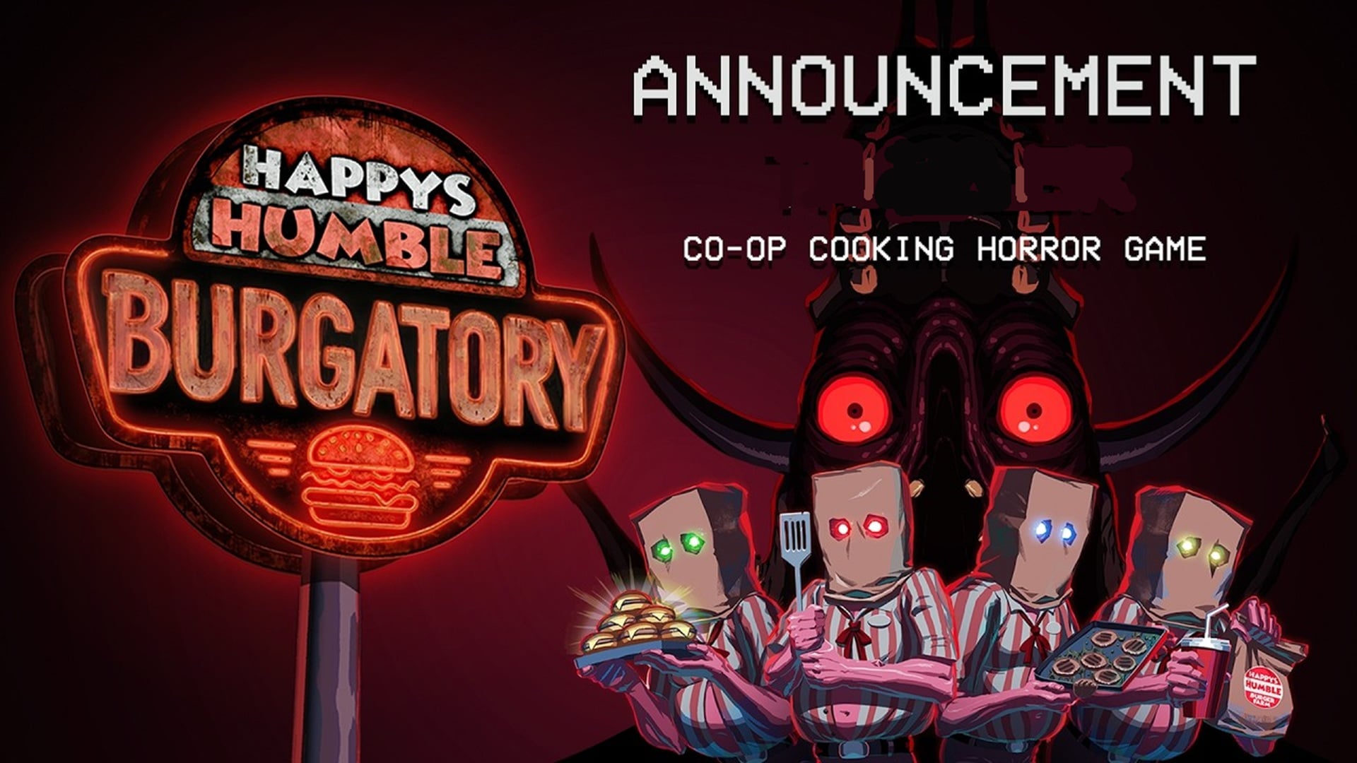 featured image for our news on Happy's Humble BURGATORY. It shows four persons wearing brown bags on their heads and holding items like a spatula, a plate of patties, a plate of burgers and a brown bag with the Happy's Humble BURGATORY logo.