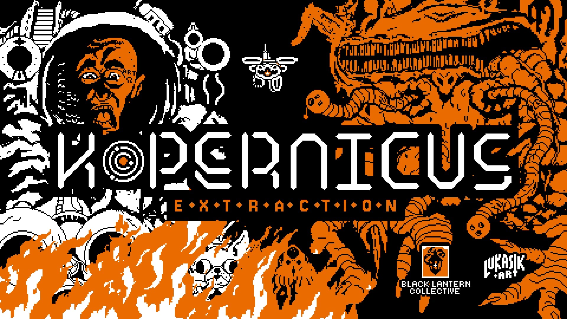 featured image for our news on Kopernicus: Extraction. It shows an abstract image with orange curvy lines which form faces and other objects.