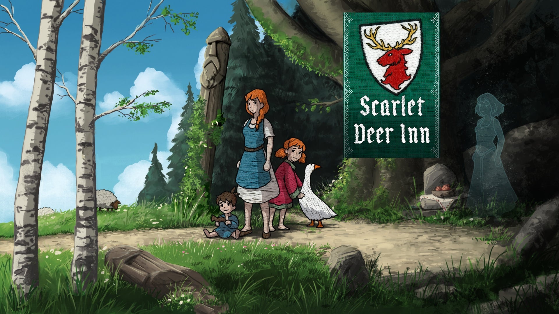 featured image for our news on Scarlet Deer Inn release date. It shows two girls and a swan in front of a small cave-like structure on a hill. The characters are embroidered by hand as you can see each thread.