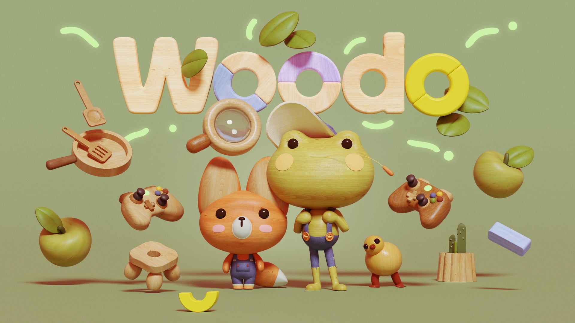 featured image for our news on Woodo demo . It shows two wooden dolls, a fox and a frog, and some wooden items floating in the air around them.
