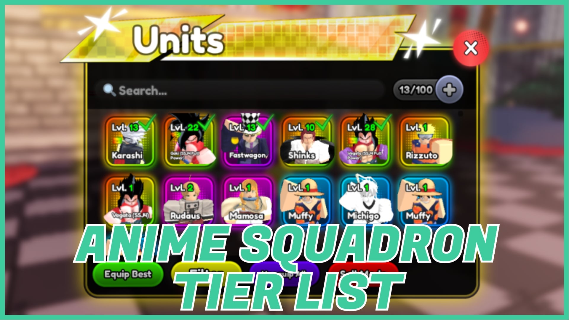 Feature image for our anime squadron tier list showing a unit page with a lot of rare units. At the bottom is the article title in green.