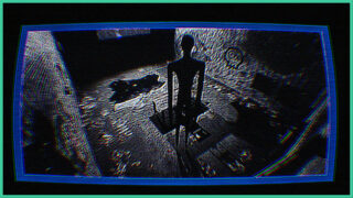 A screen displaying the view from a security camera as a tall entity stands in front of it in an empty room in CAPTCHA.exe A screen displaying the view from a security camera as a tall entity stands in front of it in an empty room in CAPTCHA.exe