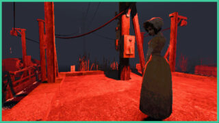A woman in old-fashioned clothing standing by metal structures, shrouded in red light in the Foghorns Drown demo. A woman in old-fashioned clothing standing by metal structures, shrouded in red light in the Foghorns Drown demo.