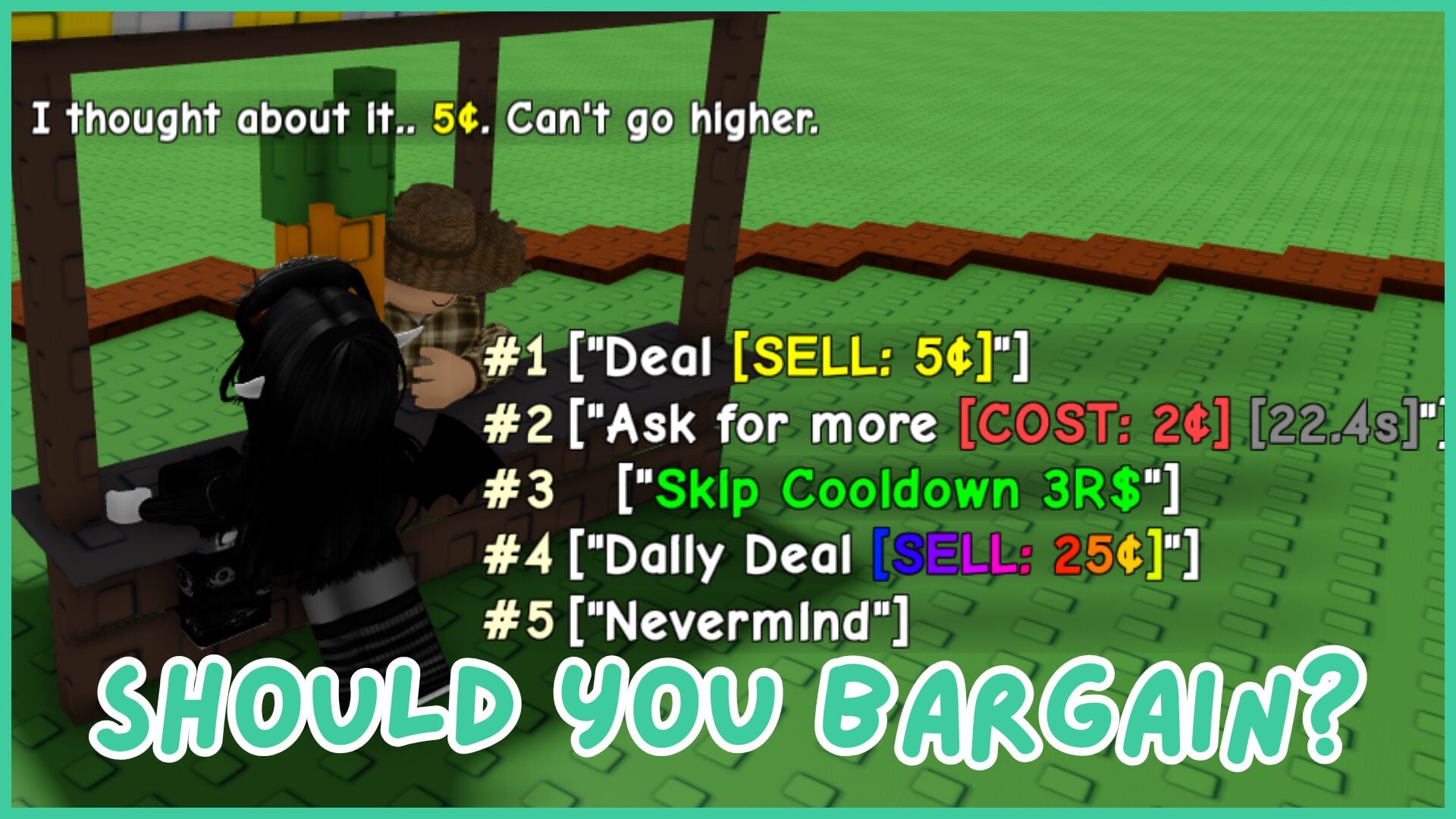 The bargain feature in Grow a Garden 2 as a player speaks with Steven at the Sell Stall, with various dialogue options.