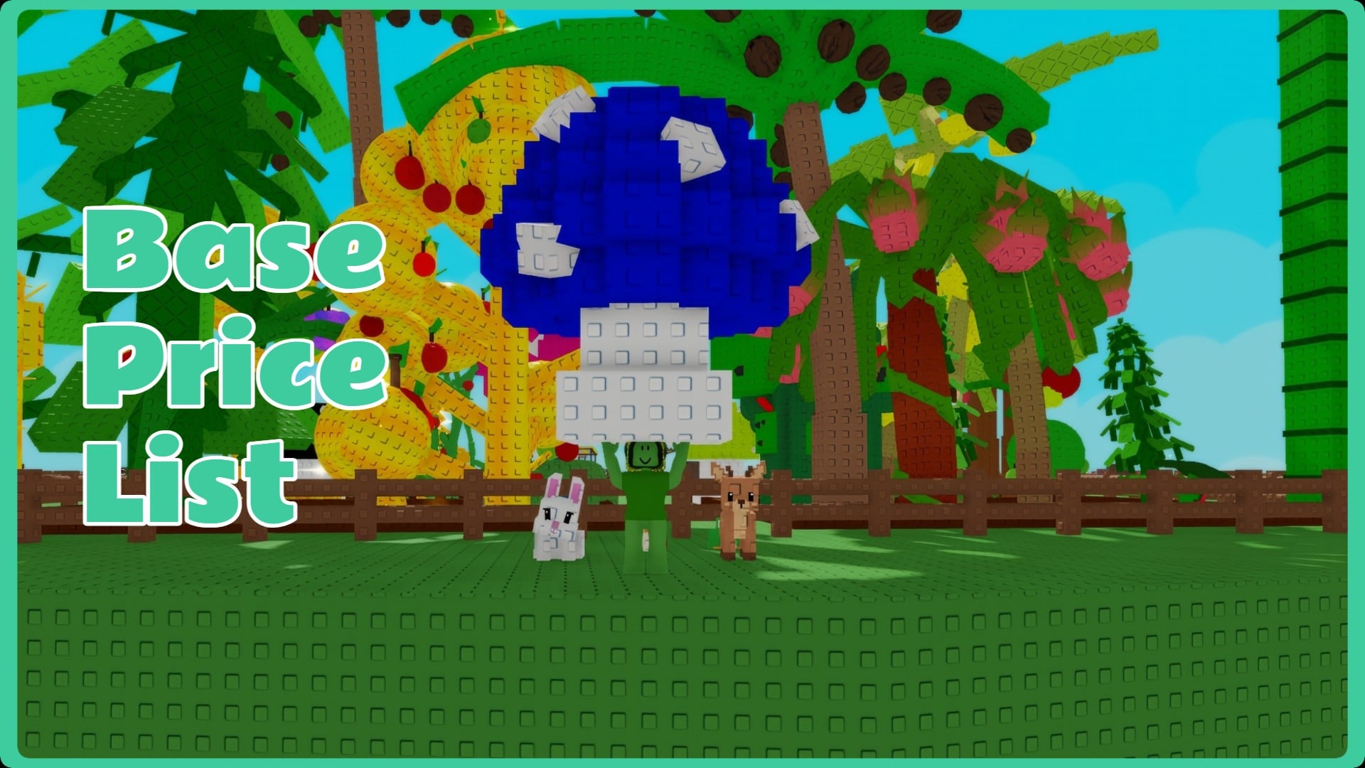 Feature image for our Grow A Garden 2 base price list. It shows a player character in the Green Bean costume holding up a large mushroom.