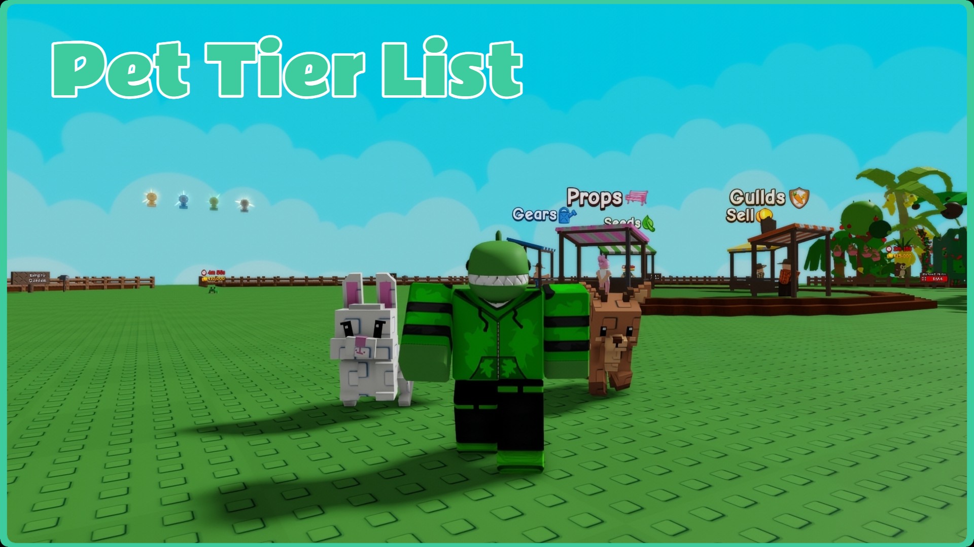 Feature image for our Grow A Garden 2 pet tier list. It shows a player character walking across the field, with a Bunny and a Deer pet following behind them. Overlaid text reads 'Pet Tier List'.