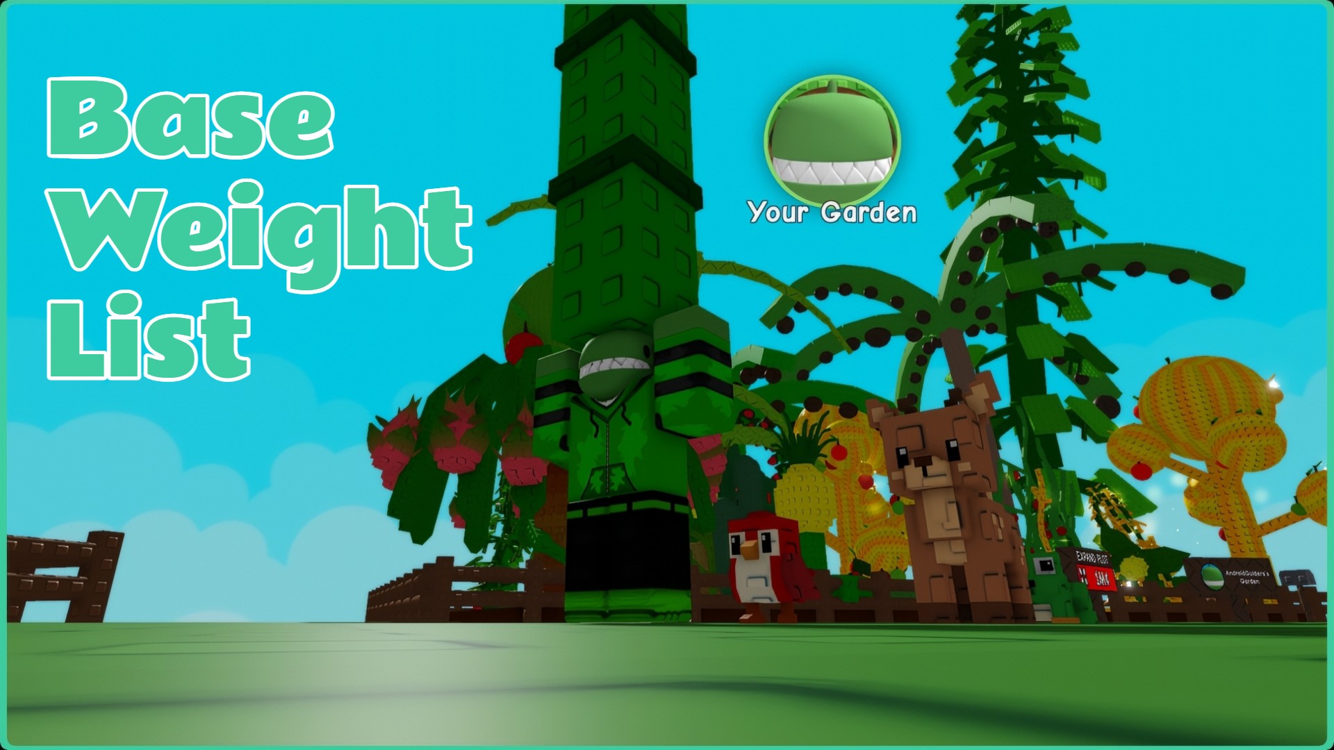 Feature image for our Grow A Garden 2 base weight list. It shows a player character in green standing in front of a packed garden, lifting a large piece of bamboo over their head.