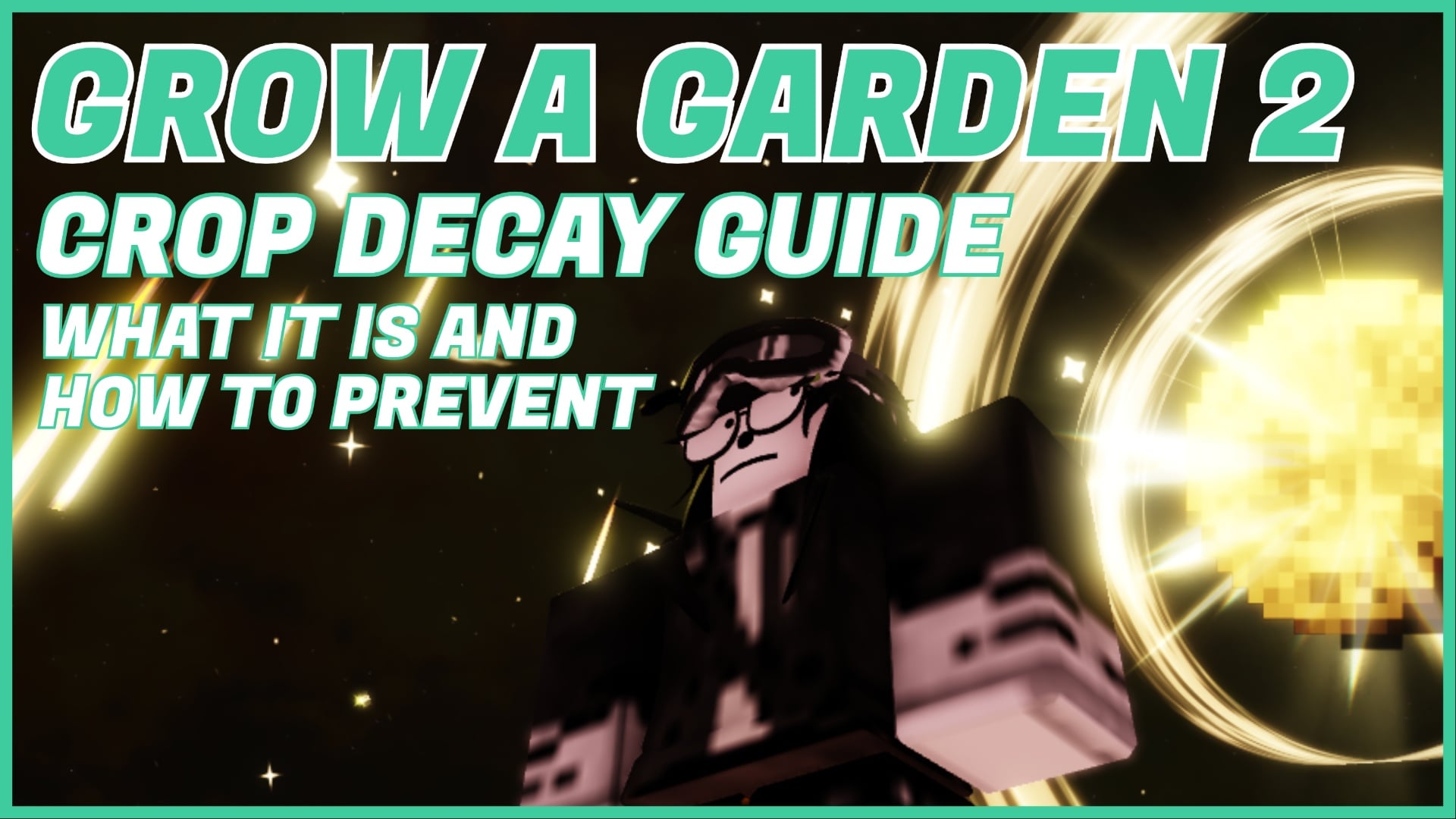 Feature image for our how long does it take for crop decay in grow a garden 2 guide showing a player during the golden seed event with the article title in green and white surrounding them