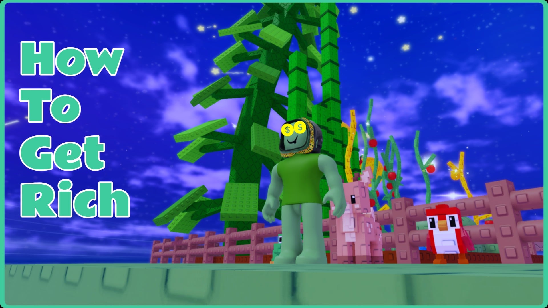 Feature image for our guide on how to get rich in Grow A Garden 2. It shows an in-game screenshot a player character in the Green Bean costume, all green with a hood on. They are standing in front of a well populated garden, with Deer and Robin pets behind them. There are dollar signs over the player character's eyes. Overlaid text reads 'How To Get Rich'.
