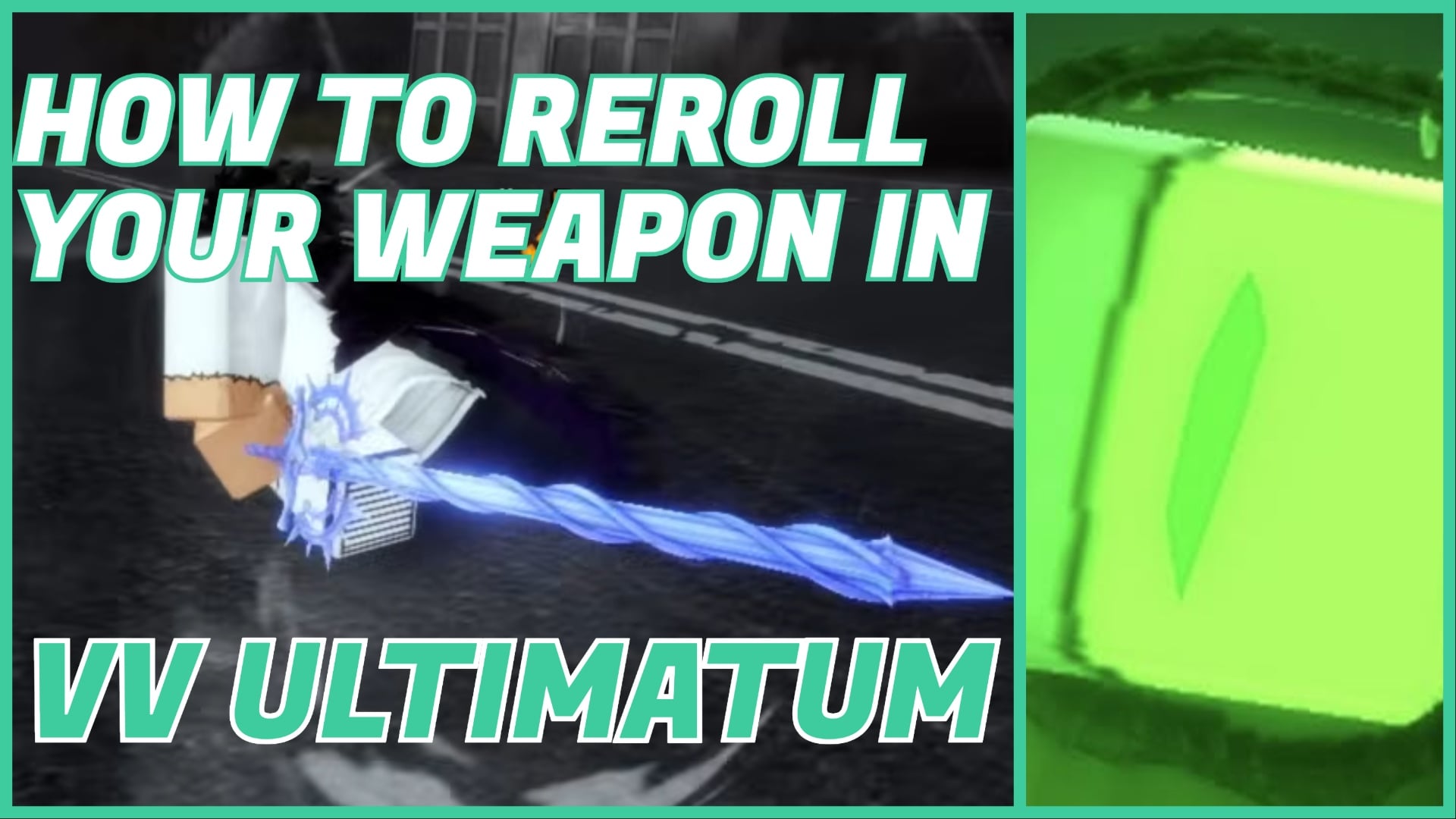 Feature image for our how to reroll your weapon in vv ultimatum guide, showing a player running away from the camera holding a spirit weapon, which appears as a thin and long lance. On the right is the weapon reroller, the experimental hogyoku shard.