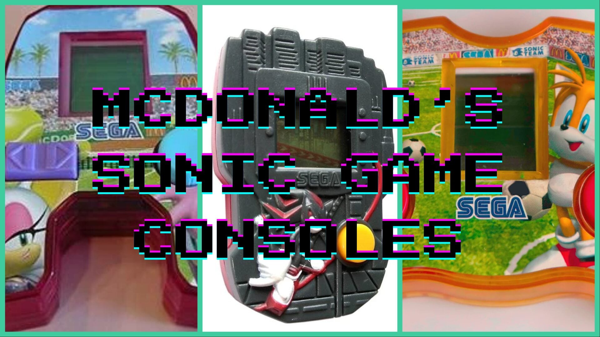 Three of the McDonald's Sonic Game Console Toys. From the left is Amy and Rouge Tennis, in the middle is Shadow Grinder, and on the right is Tails Soccer.