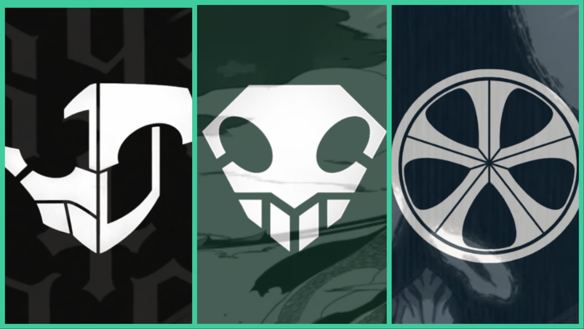 The logos for all three races in VV Ultimatum, including the one I picked at the best race for all players. On the left is the logo for Hollows, in the middle is Shinigami, and on the right is the logo for Quincies.