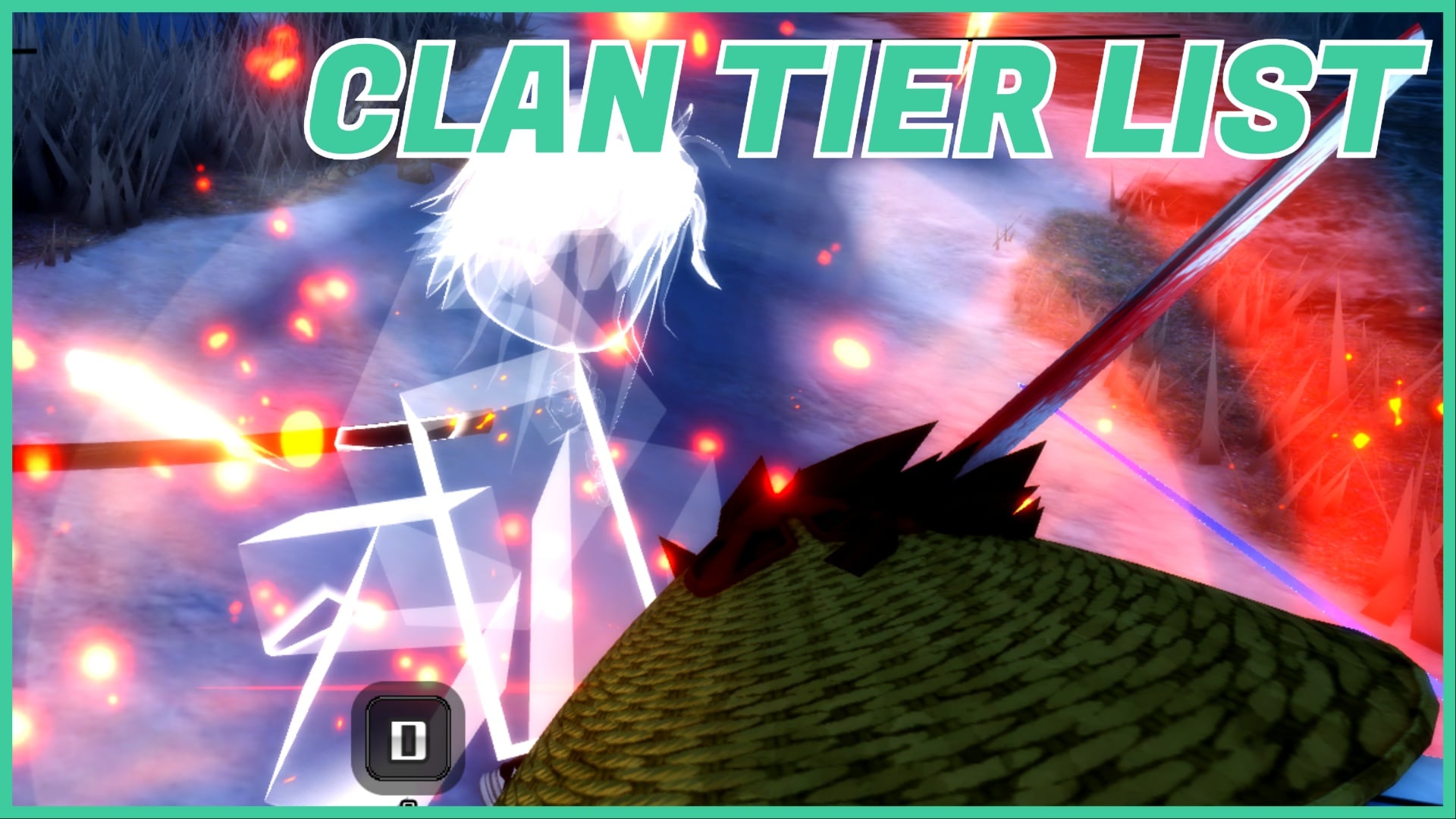 Feature image for our vv ultimatum clans tier list showing a spirit player battling an enemy with a hat, who is just not visible to the screen. Flashes of red encapsulate the blades that clash during the fight. The top of the image has the article name in green and white