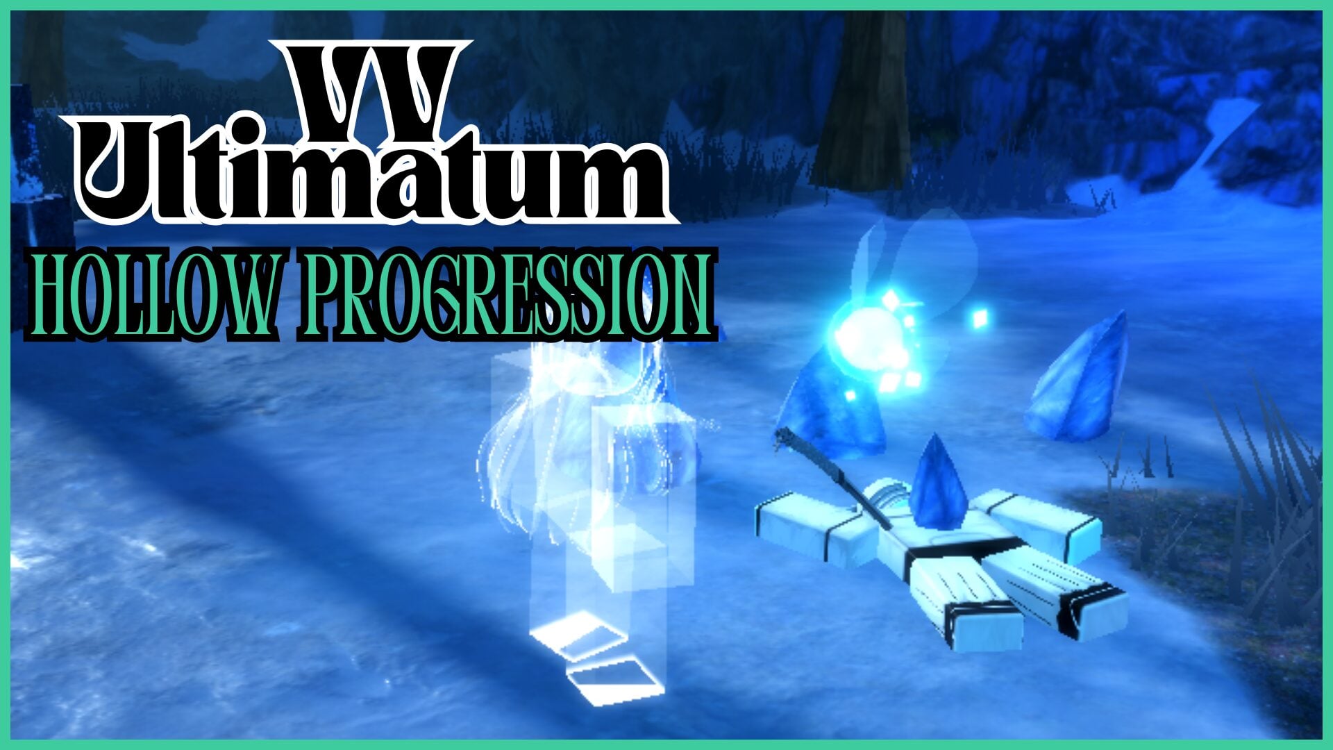 An NPC lays on the ground with a sword in their shoulder and a blue crystal of ice in their chest. In the top left, there is text, which reads "VV Ultimatum Hollow Progression".