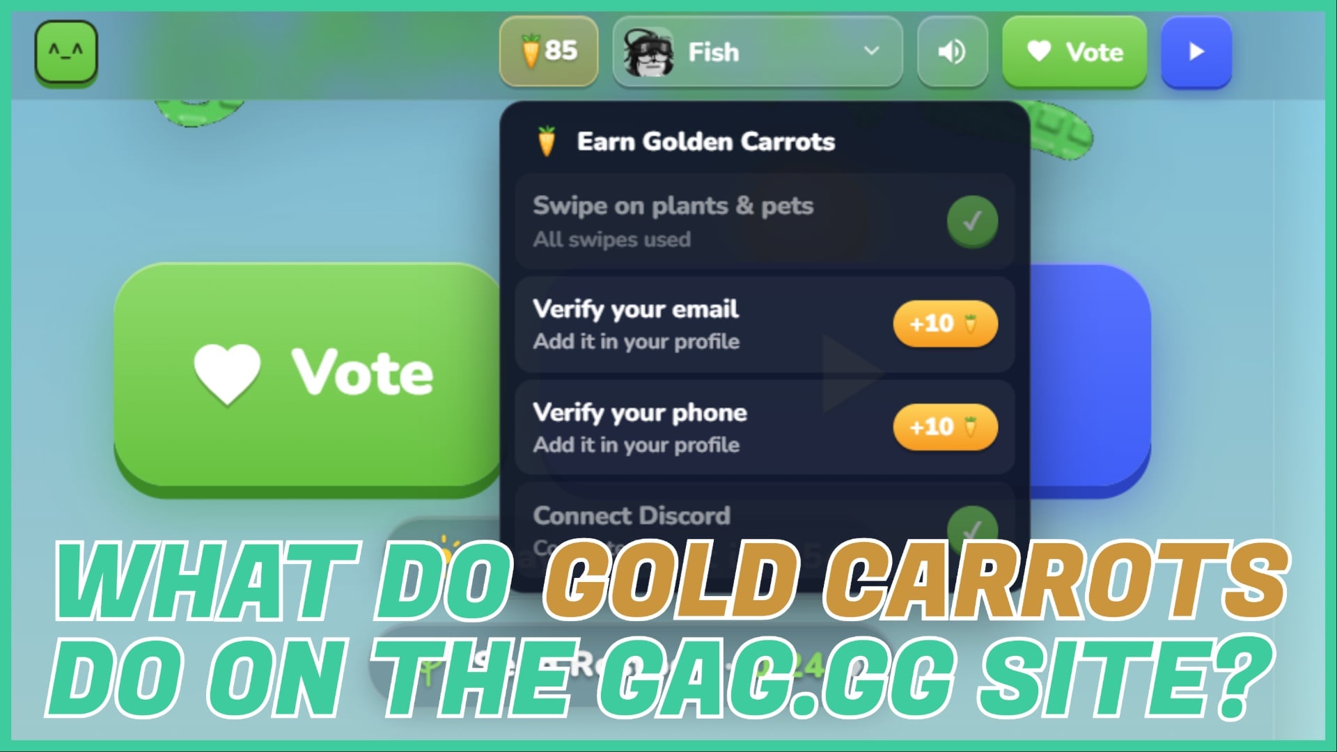 Feature image for our what do gold carrots do on the gag 2 website showing a players current balance of gold carrots and the dropsdown showing how to earn more